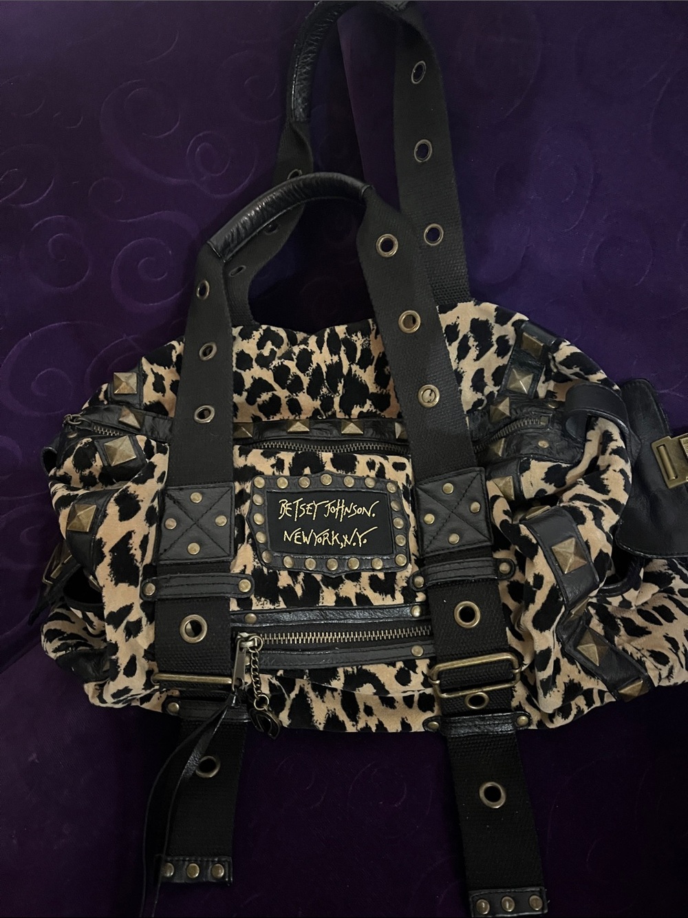 Very Rare Vintage Betsey Johnson Leopard Shoulder Bag with Stud Accents